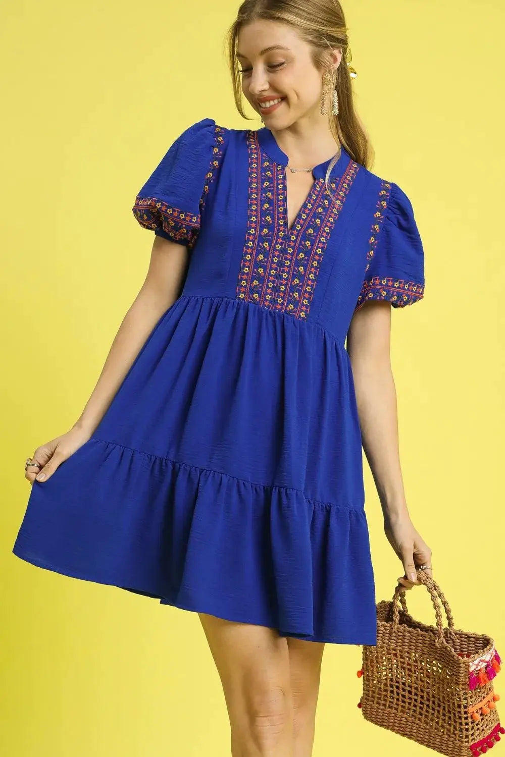Umgee Floral Trim Puff Sleeve Mini Dress by Umgee USA
