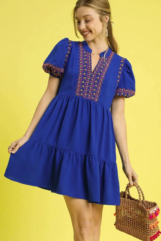 Umgee Floral Trim Puff Sleeve Mini Dress by Umgee USA