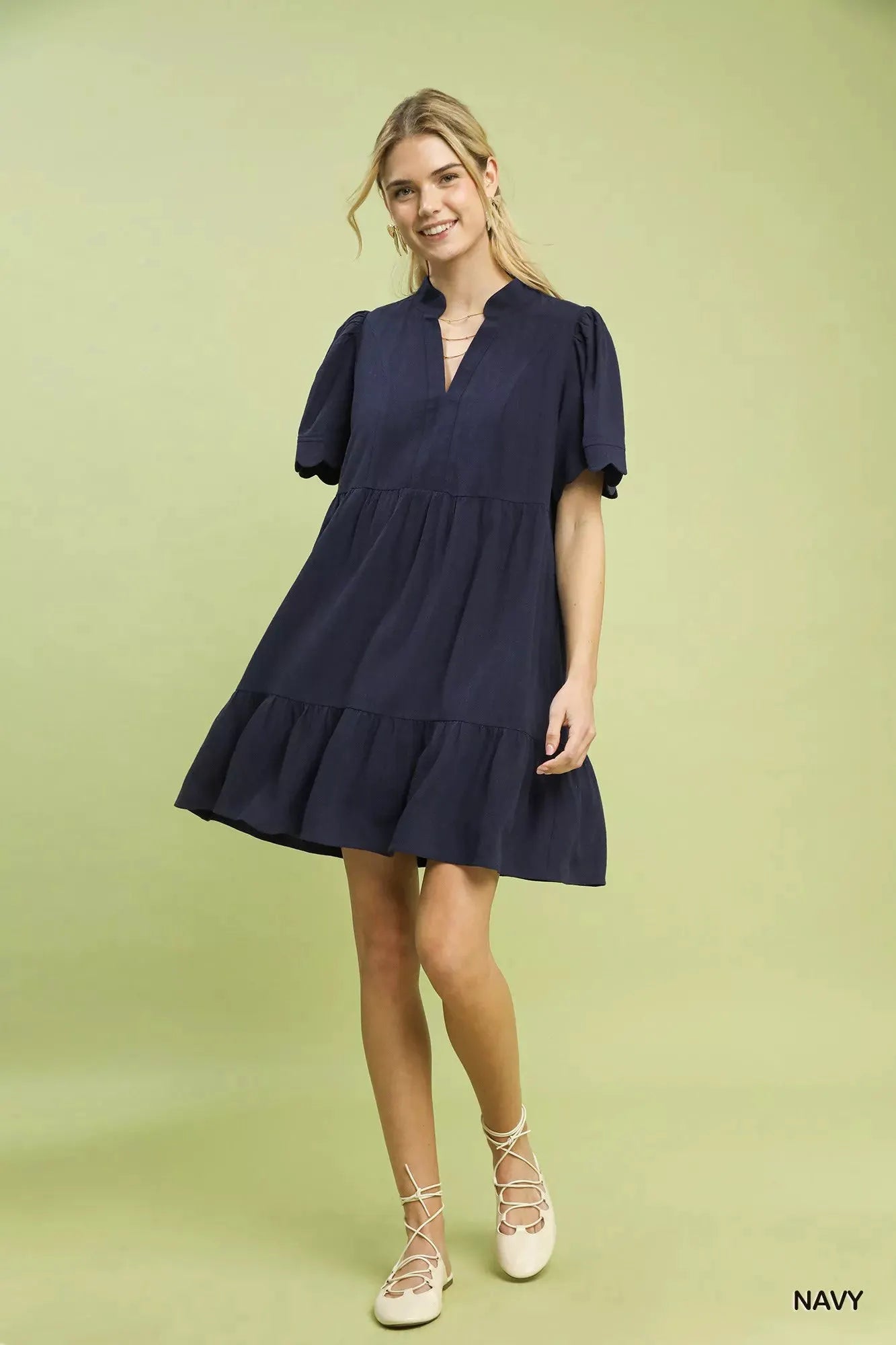 Umgee Linen Tiered Babydoll Dress with Scalloped Sleeves by Umgee