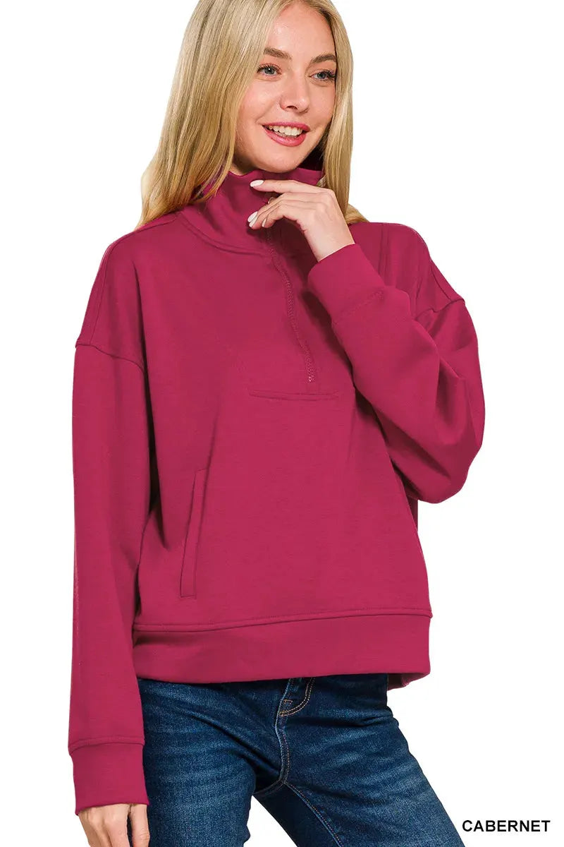 Zenana Scuba Half Zip Sweatshirt with Pockets by Zenana