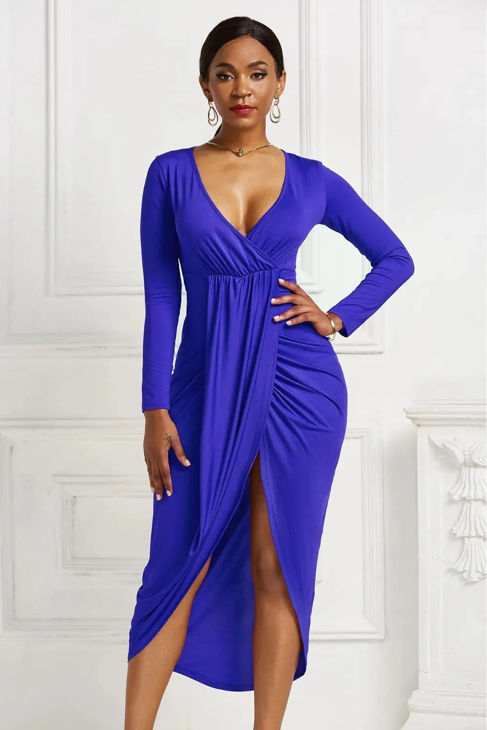 High-low Ruched Surplice Long Sleeve Dress by Partner Label