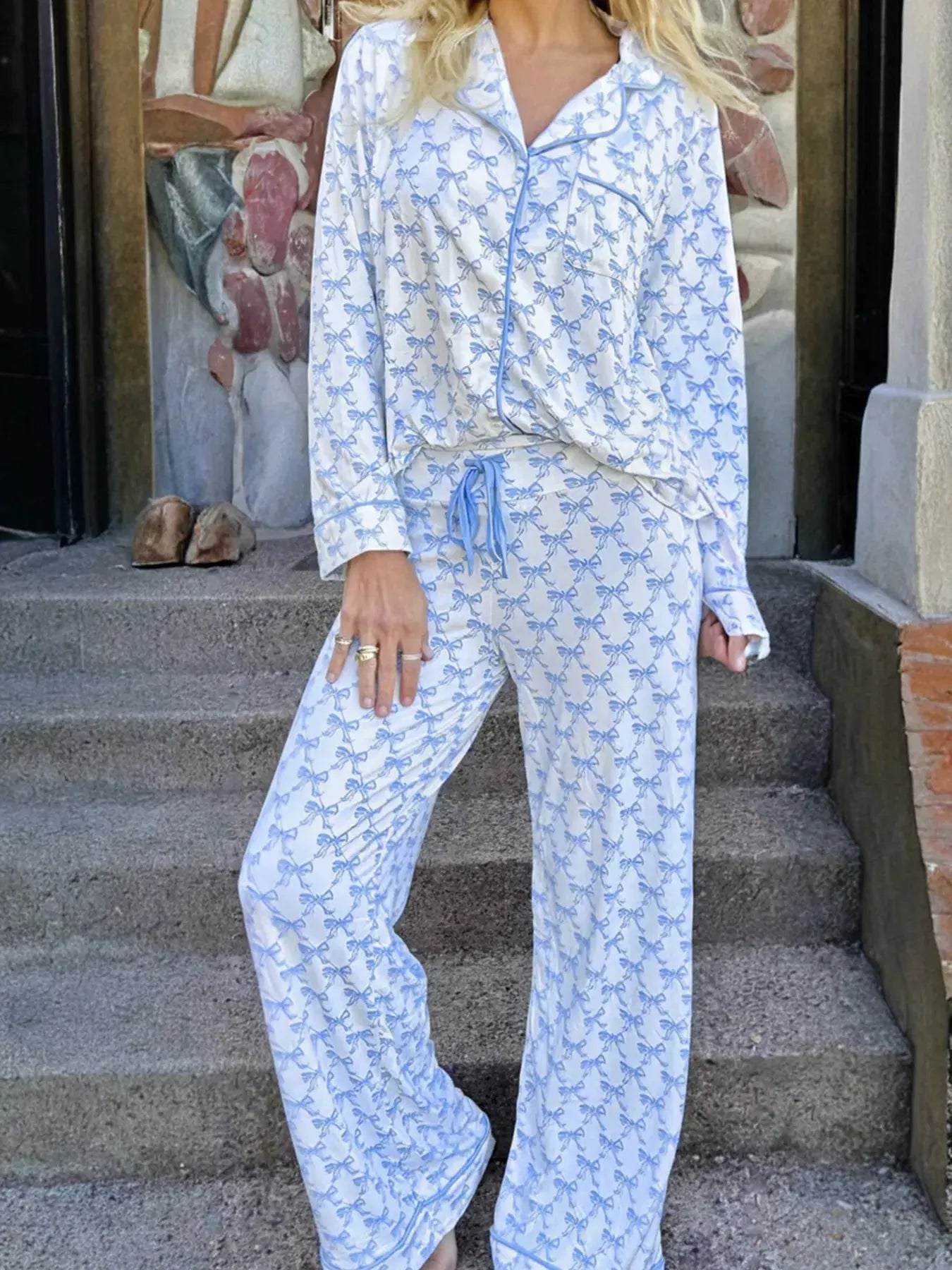 Bow Print Long Sleeve Shirt and Pants Pajama Set by Partner Label