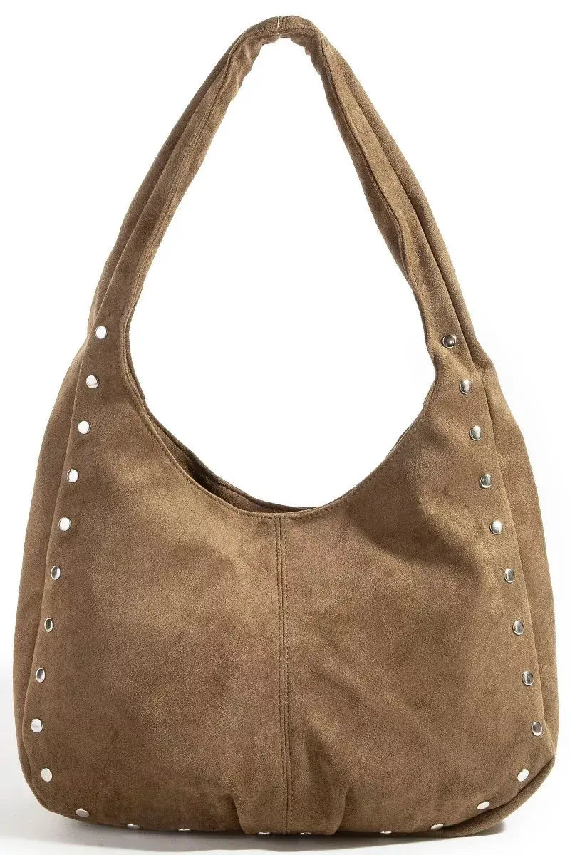 Fame Faux Suede Studded Trim Hobo Bag by Fame