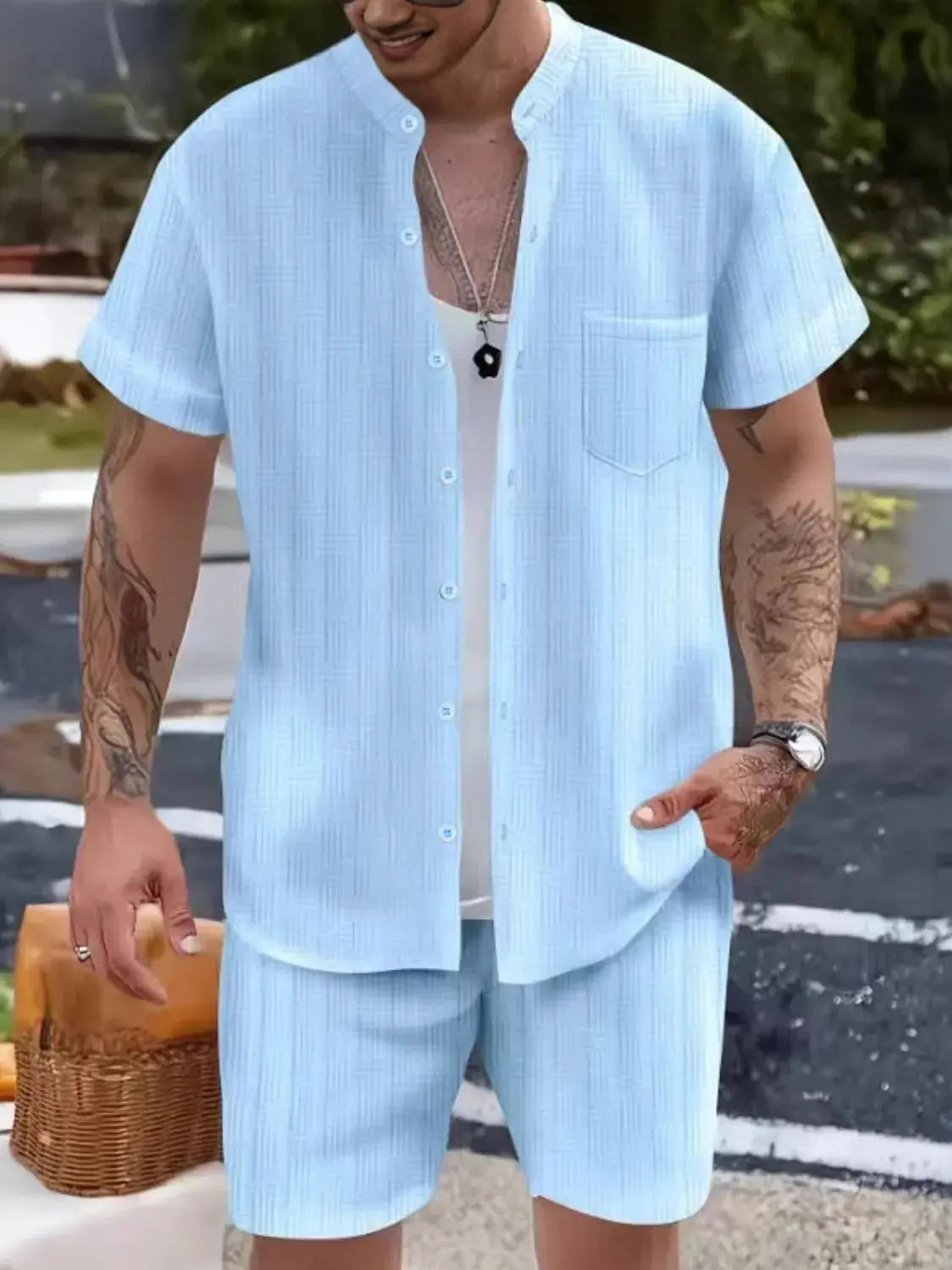 Men's Button Up Short Sleeve Shirt and Shorts Set by Trendsi