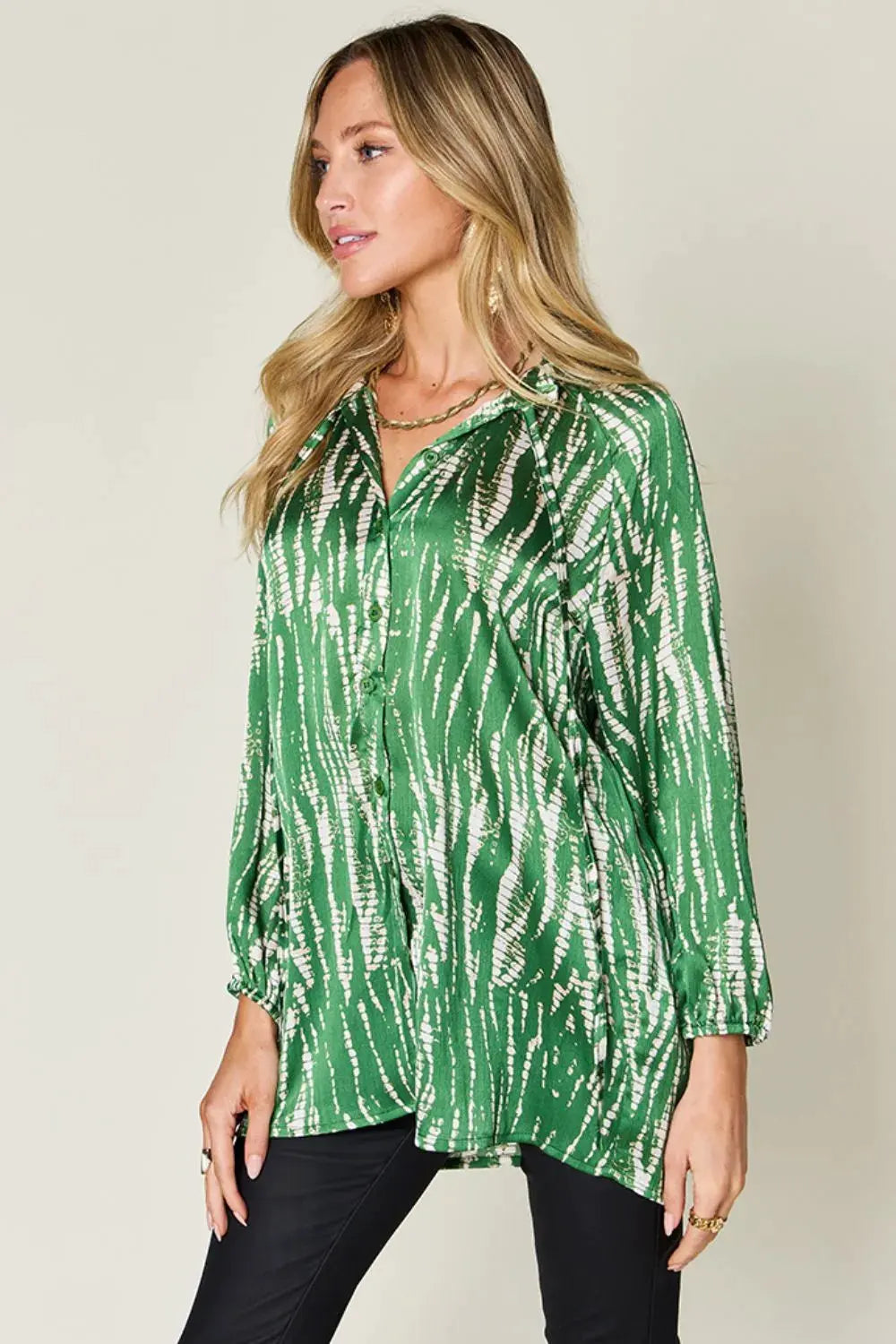Double Take Full Size Printed Button Up Long Sleeve Shirt by Double Take