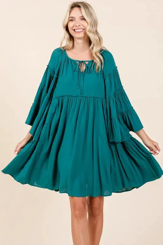 Mittoshop Frill Tie Neck Bell Sleeve Dress by Mittoshop