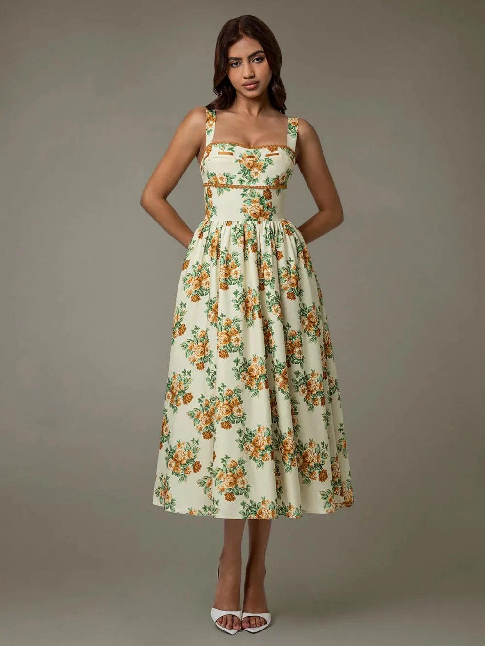 Lace Trim Floral Sleeveless Midi Dress by Partner Label