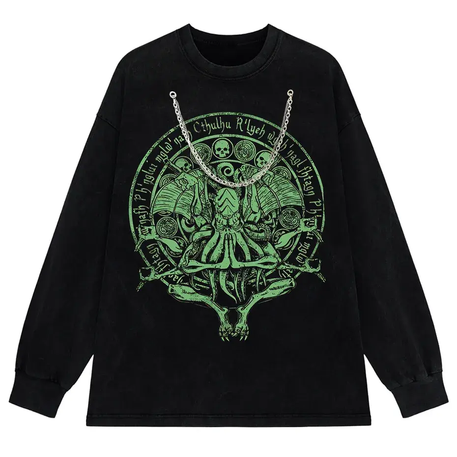 Vintage Green Cthulhu T-Shirt Men Oversized Streetwear Tee by Vimost Shop