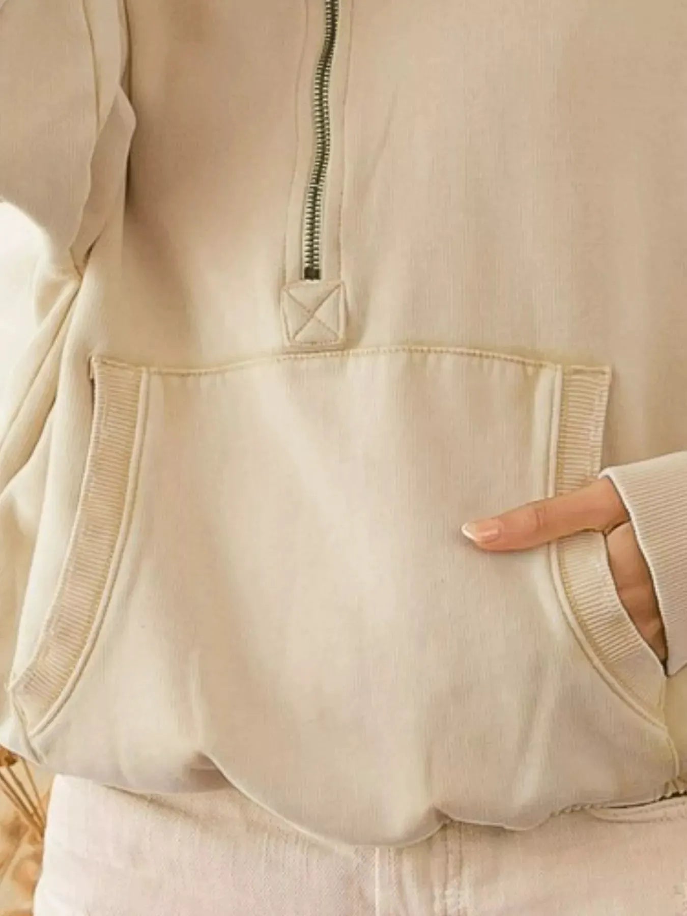 BiBi Stitch Detailed Elastic Hem Half Zip Fleece Hoodie by BiBi