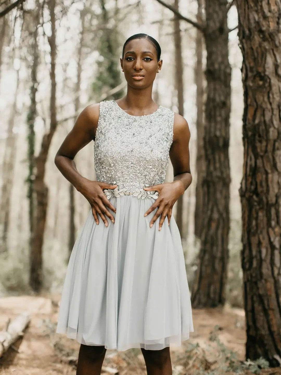 Iria Mini Grey Hand‑Embroidered Short Dress by Ceylan Bcn