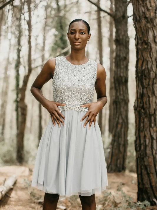 Iria Mini Grey Hand‑Embroidered Short Dress by Ceylan Bcn