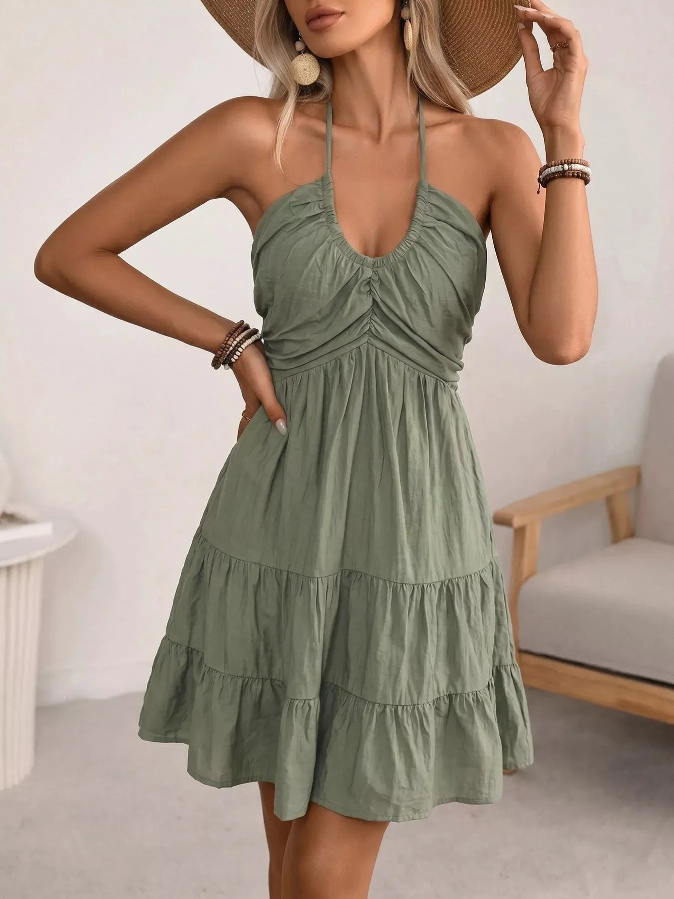 Casual Halter Neck Tiered Mini Dress by Trendsi