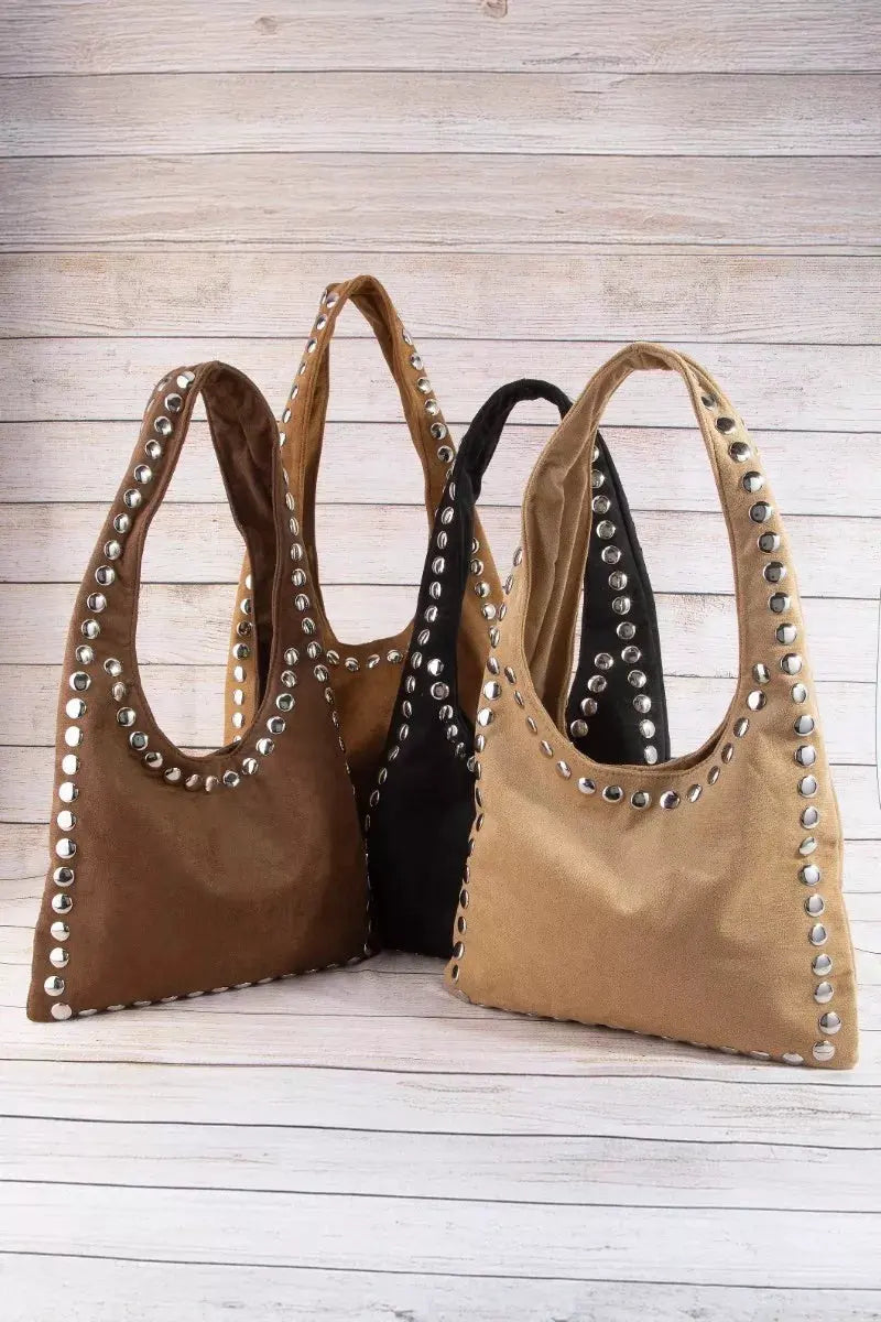 Fame Grommet Border Studded Suede Shoulder Bag by Partner Label