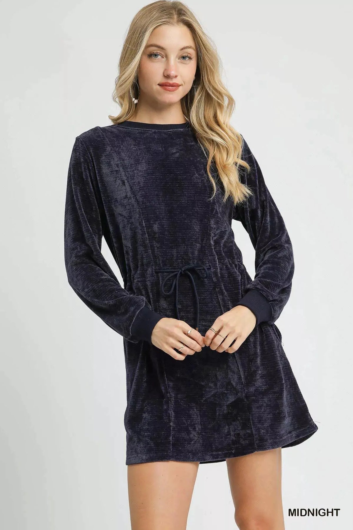 Umgee Velour Drawstring Mini Dress with Long Sleeves by Umgee
