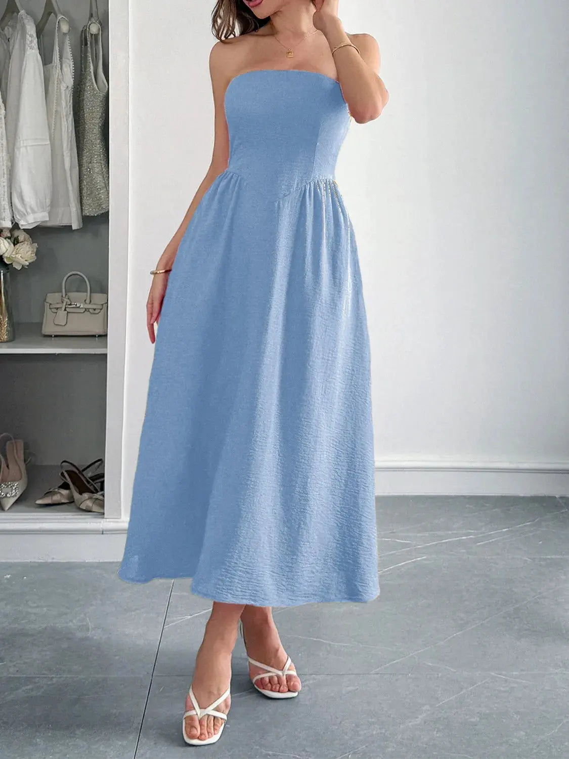 Strapless A-Line Midi Dress with Pockets by Partner Label