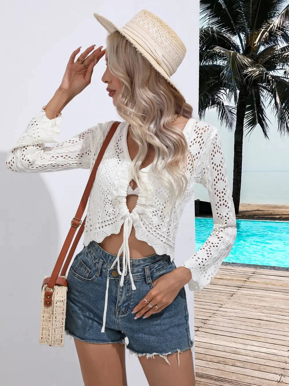Openwork Drawstring V-Neck Long Sleeve Cover-Up by Partner Labels