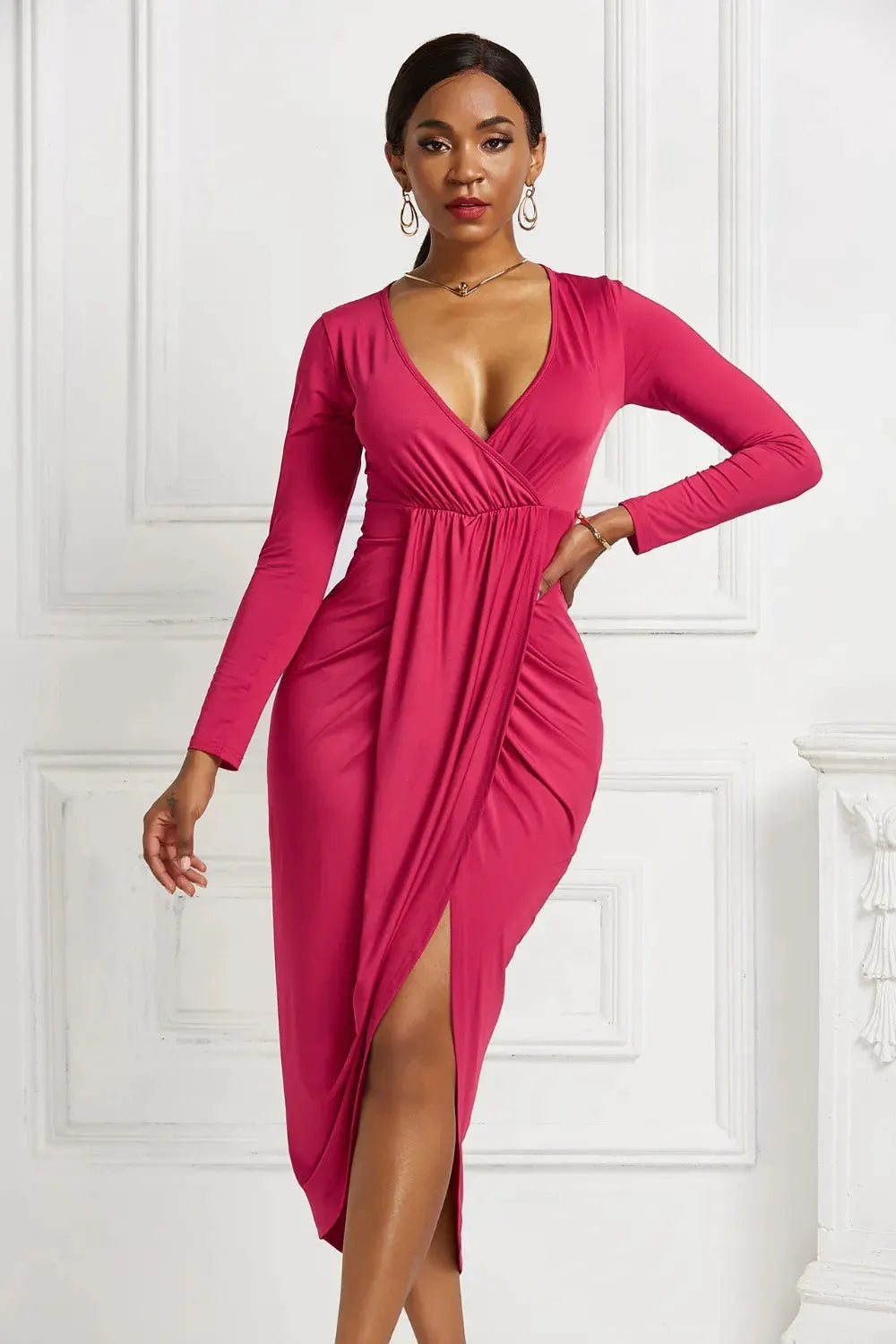 High-low Ruched Surplice Long Sleeve Dress by Partner Label