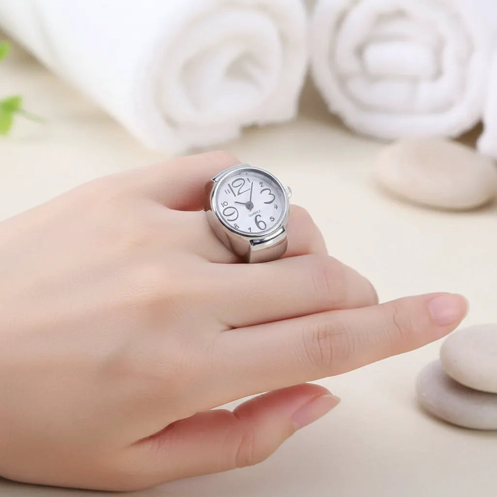 Silver Tone Stretch Ring Watch White Round Dial by Peridot