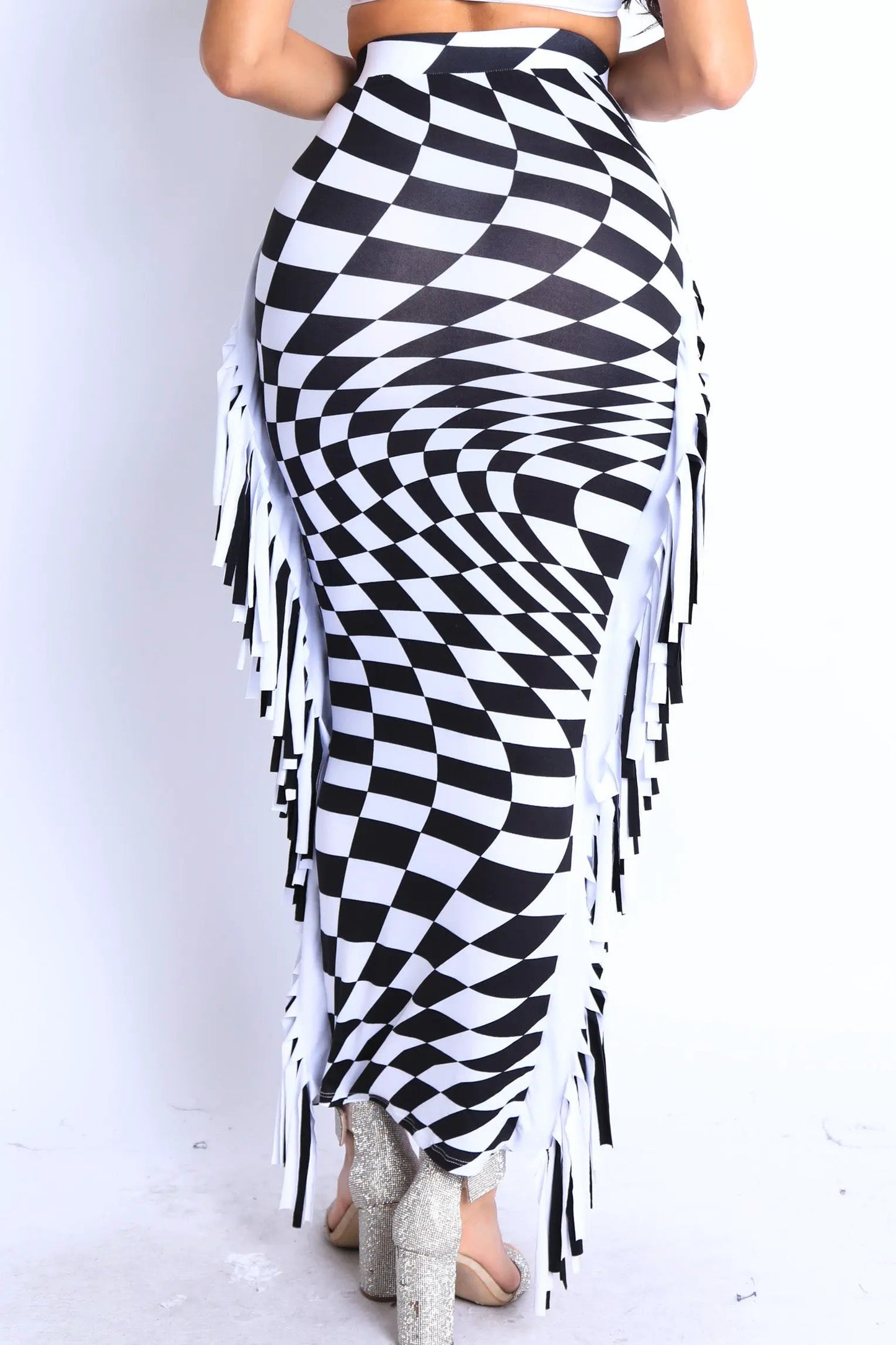 Checkered High Waist Bodycon Maxi Skirt 🖤✨ Fringe Pencil Style by Inland Leather