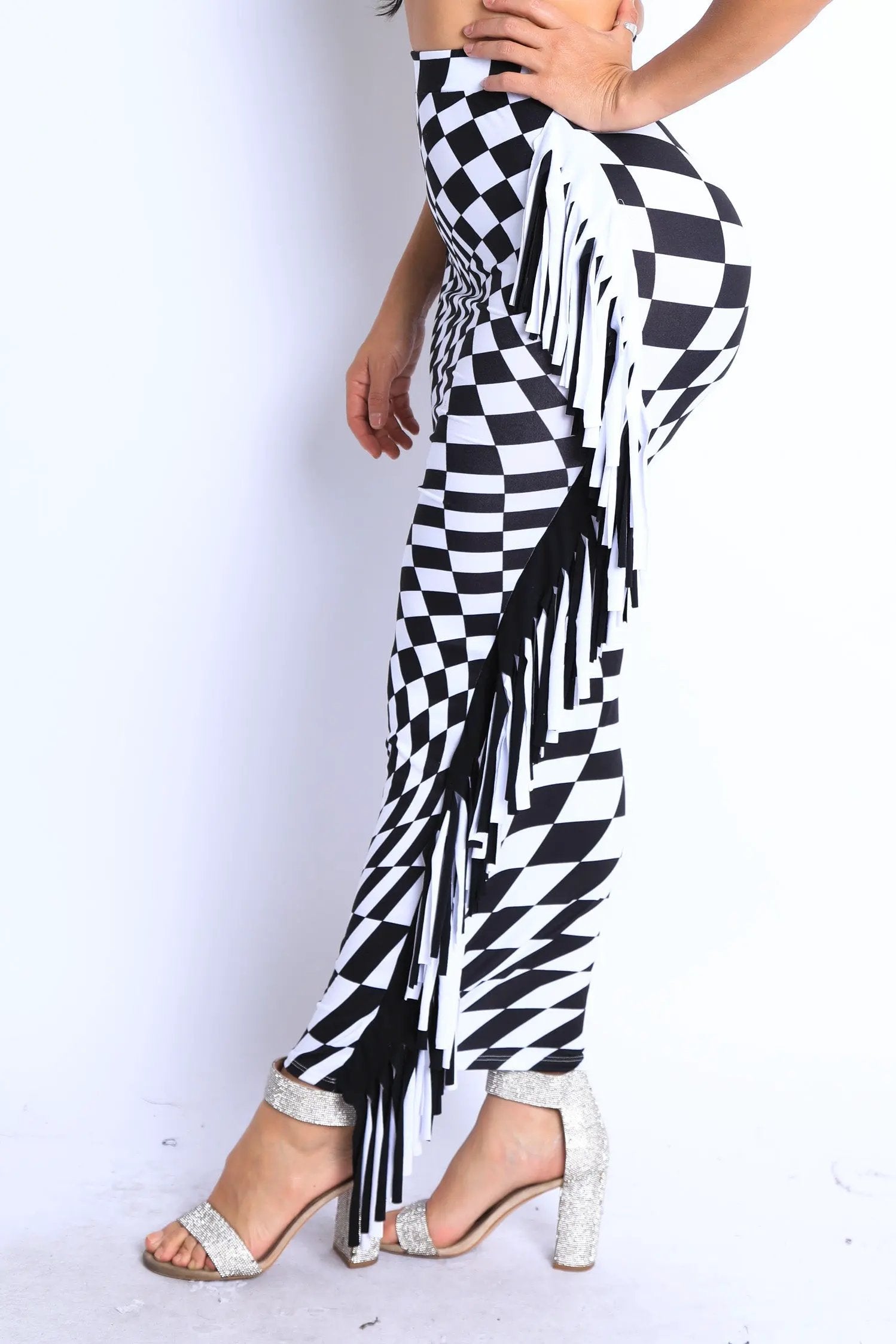Checkered High Waist Bodycon Maxi Skirt 🖤✨ Fringe Pencil Style by Inland Leather