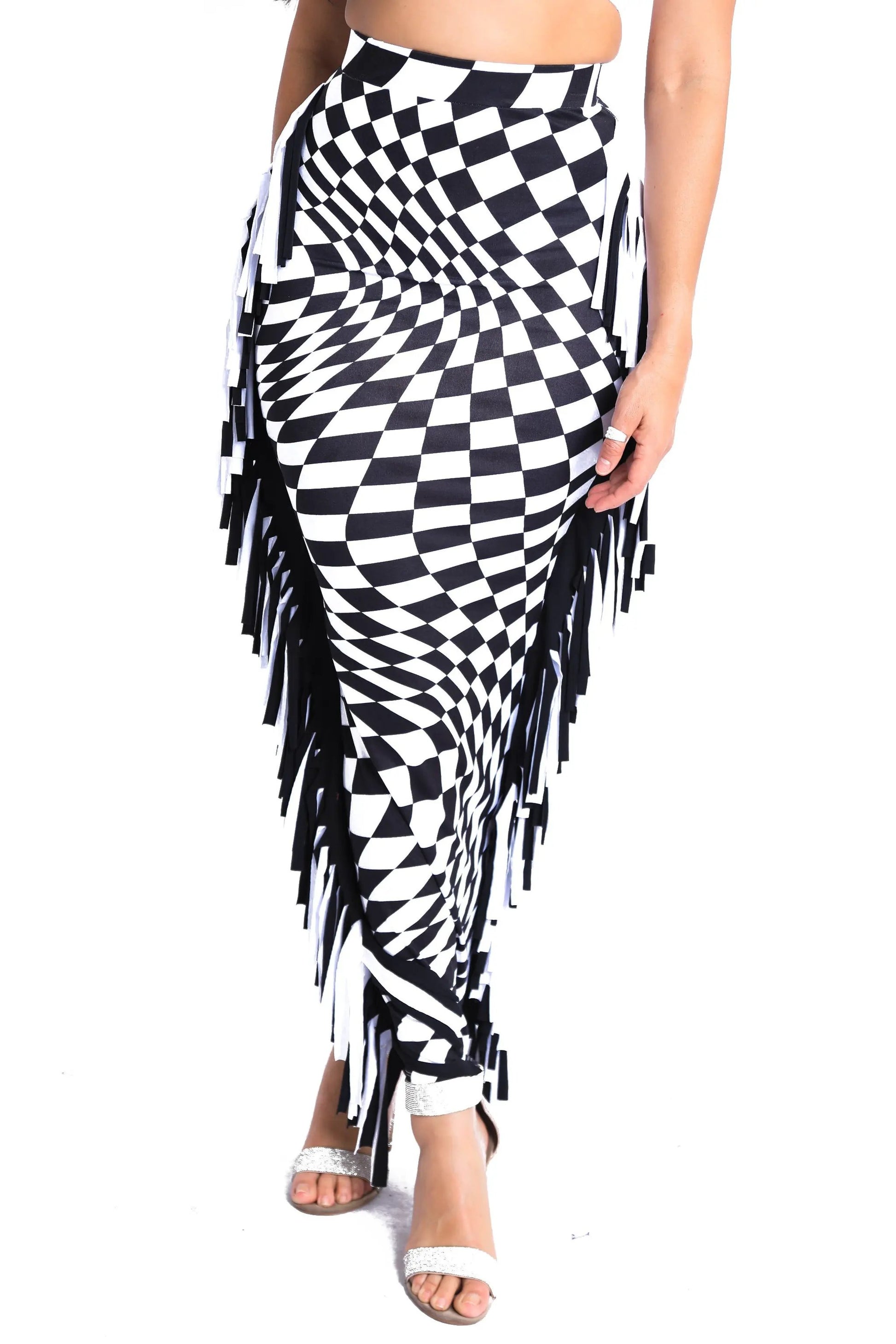 Checkered High Waist Bodycon Maxi Skirt 🖤✨ Fringe Pencil Style by Inland Leather