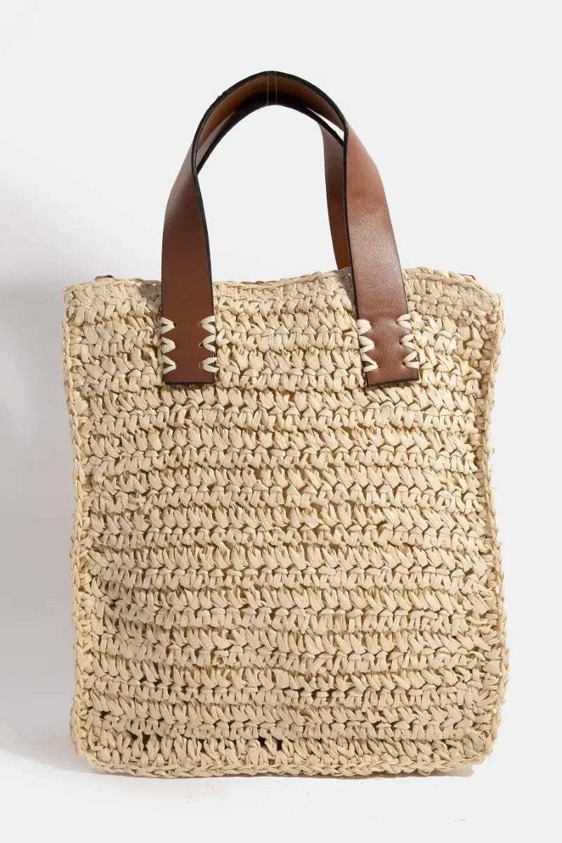 Fame Faux Leather Handle Straw Braided Handbag by Fame