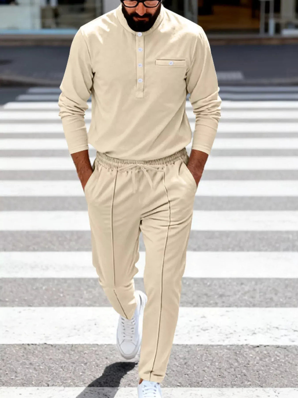 Men's Full Size Casual Long Sleeve Henley Top and Drawstring Joggers Set Plus Size by Trendsi