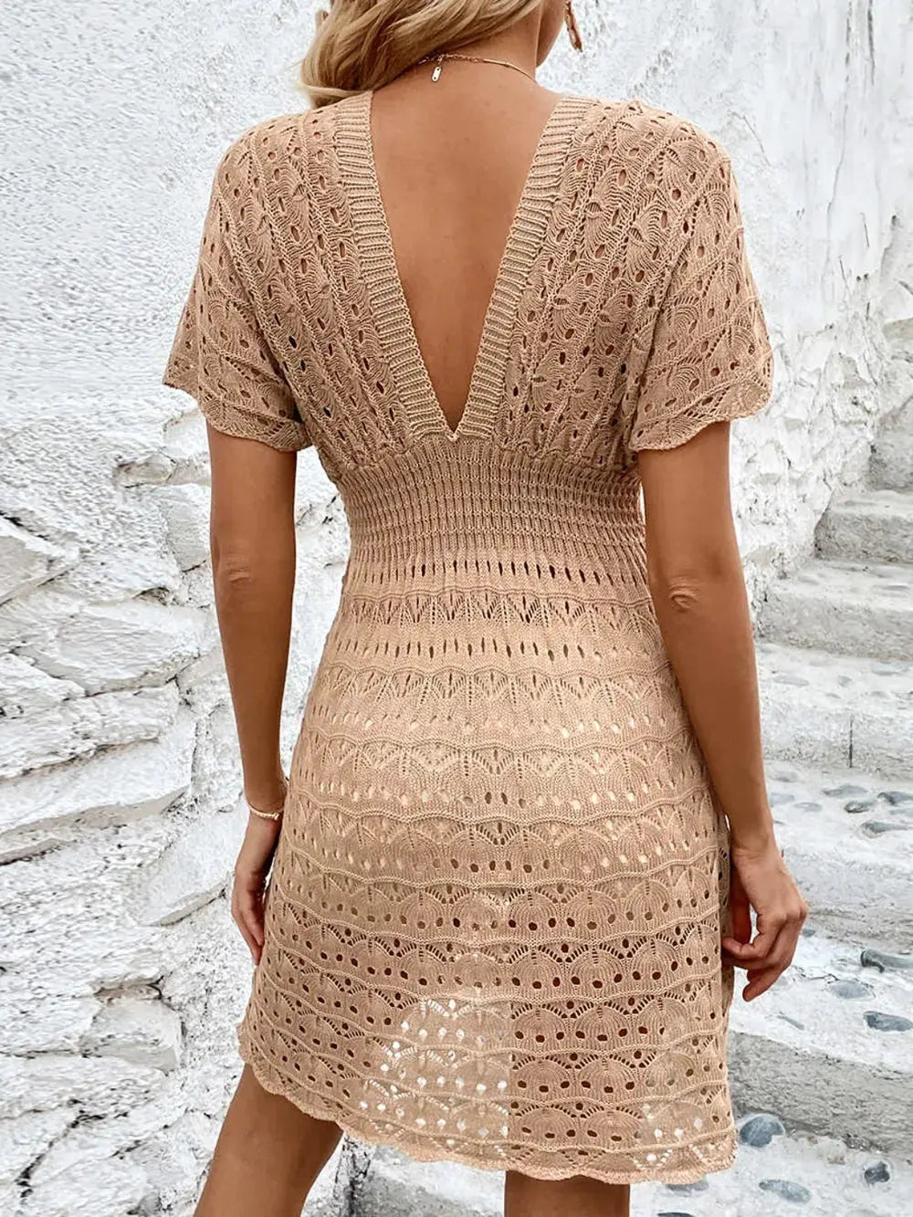 Openwork Plunge Short Sleeve Cover-Up Dress by Partner Label