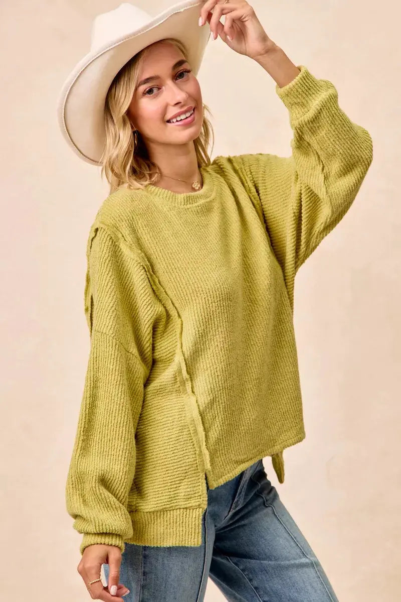 BiBi Boucle Rib Knit Uneven Hem Sweater With Open Seam by BiBi