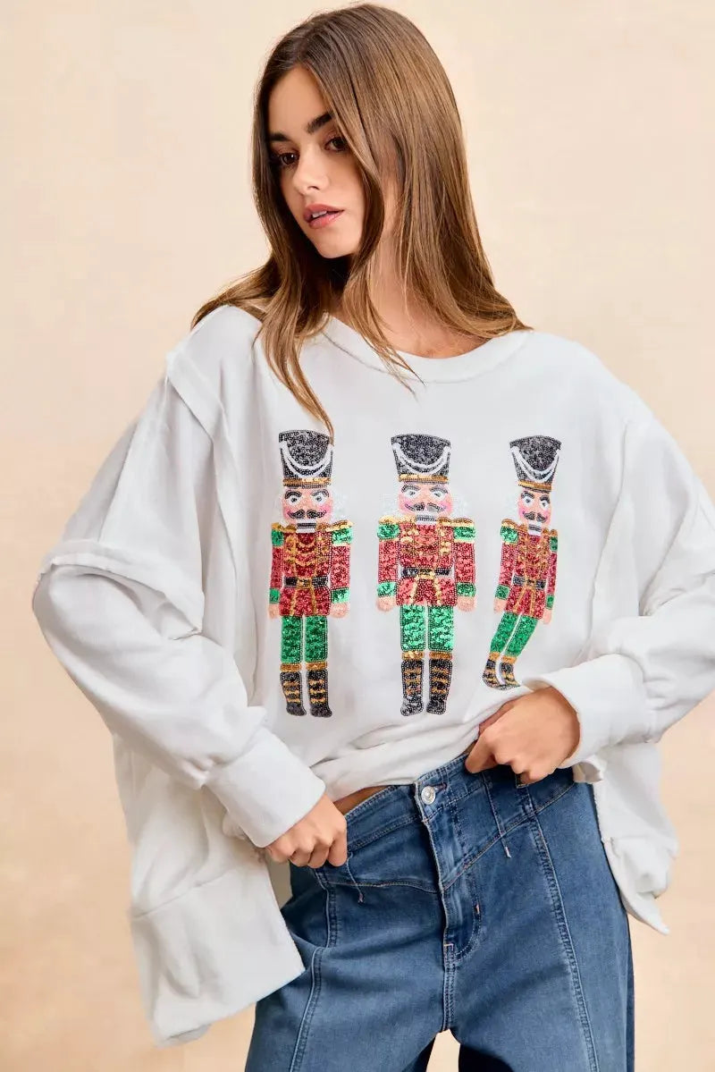 BiBi Christmas Sequin Nutcrackers Embroidery Sweatshirt by BiBi