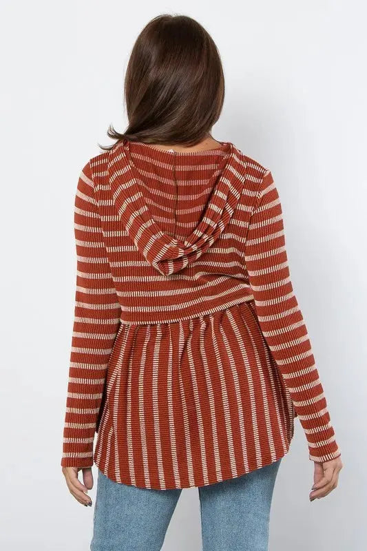 Be Stage Full Size Drawstring Striped Babydoll Hoodie by BE Stage