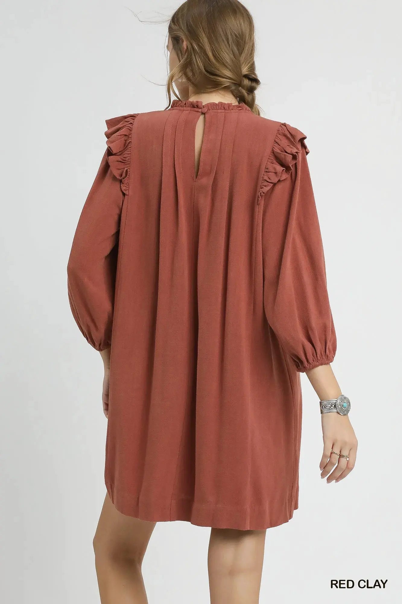 Umgee Linen Ruffle Shoulder Pleated Babydoll Dress by Umgee