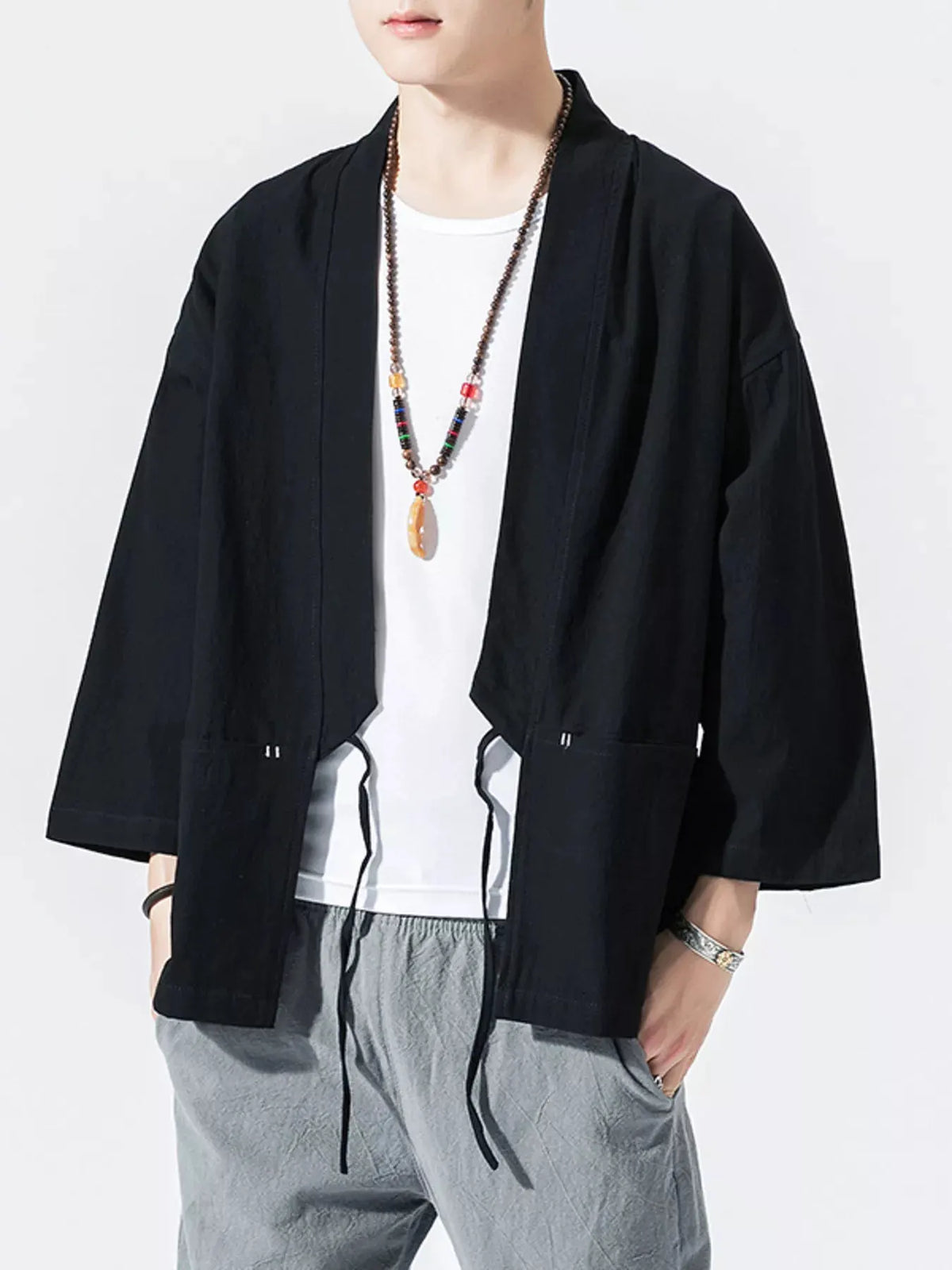Men's Plus Size Tie Front 3/4 Sleeve Cardigan by Trendsi