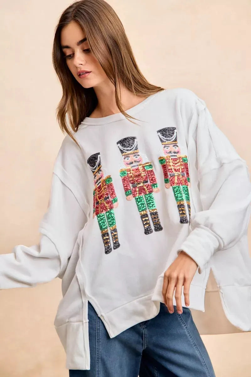 BiBi Christmas Sequin Nutcrackers Embroidery Sweatshirt by BiBi