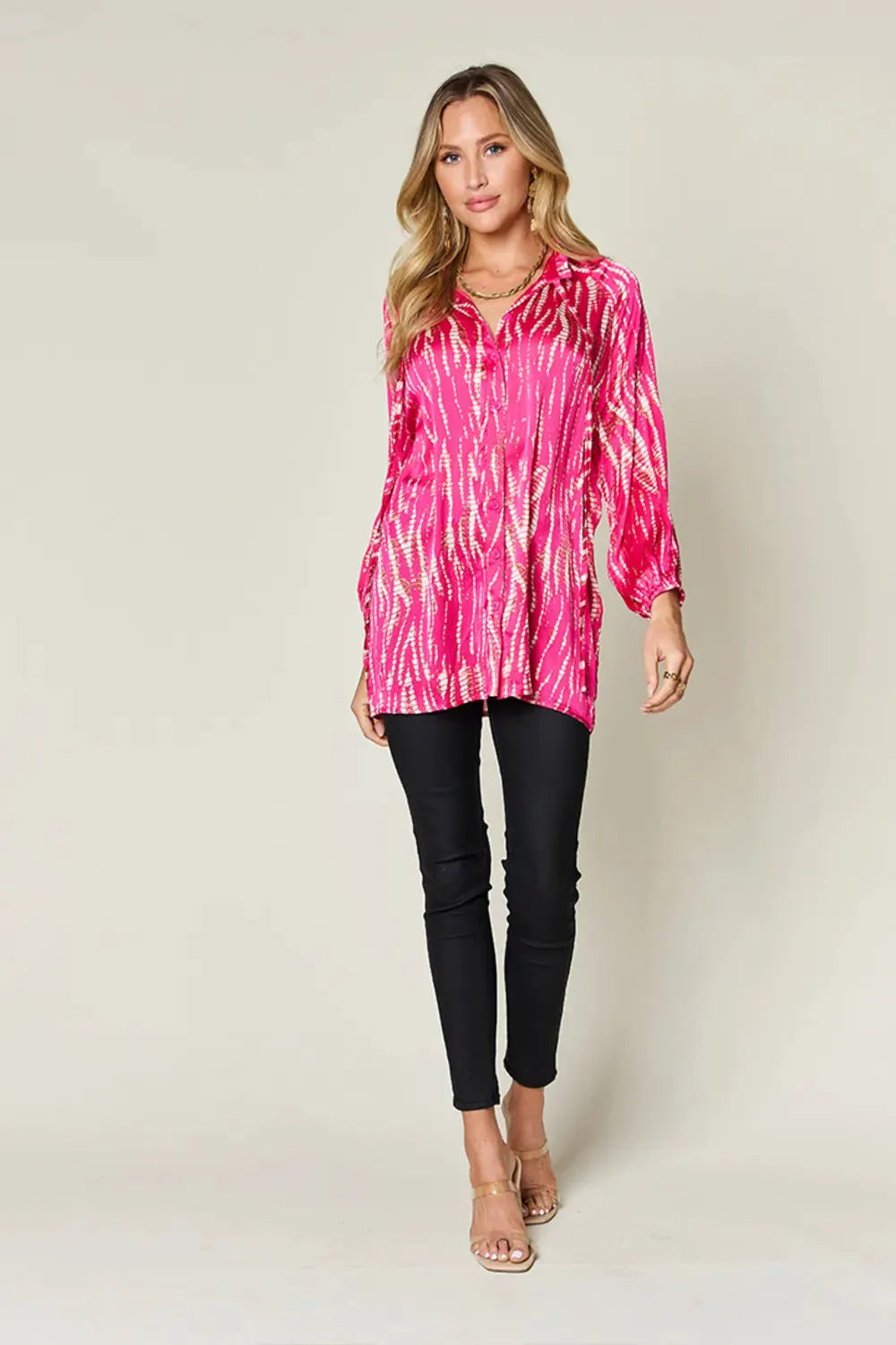 Double Take Full Size Printed Button Up Long Sleeve Shirt by Double Take