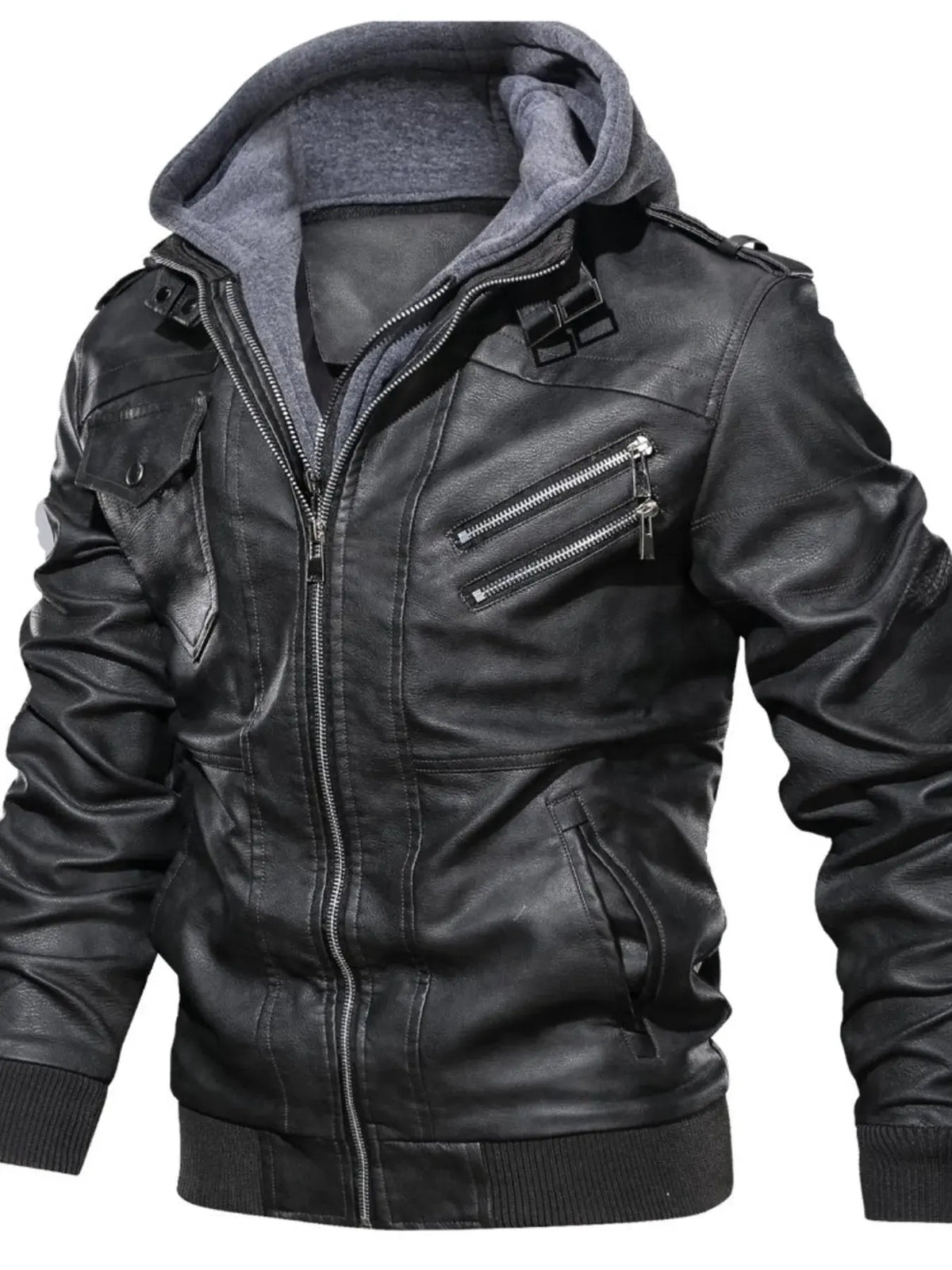 Men's Full Size Hooded Faux Leather Motorcycle Jacket Plus Size by Trendsi
