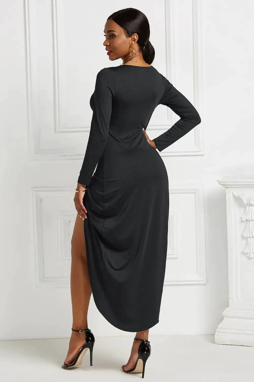 High-low Ruched Surplice Long Sleeve Dress by Partner Label