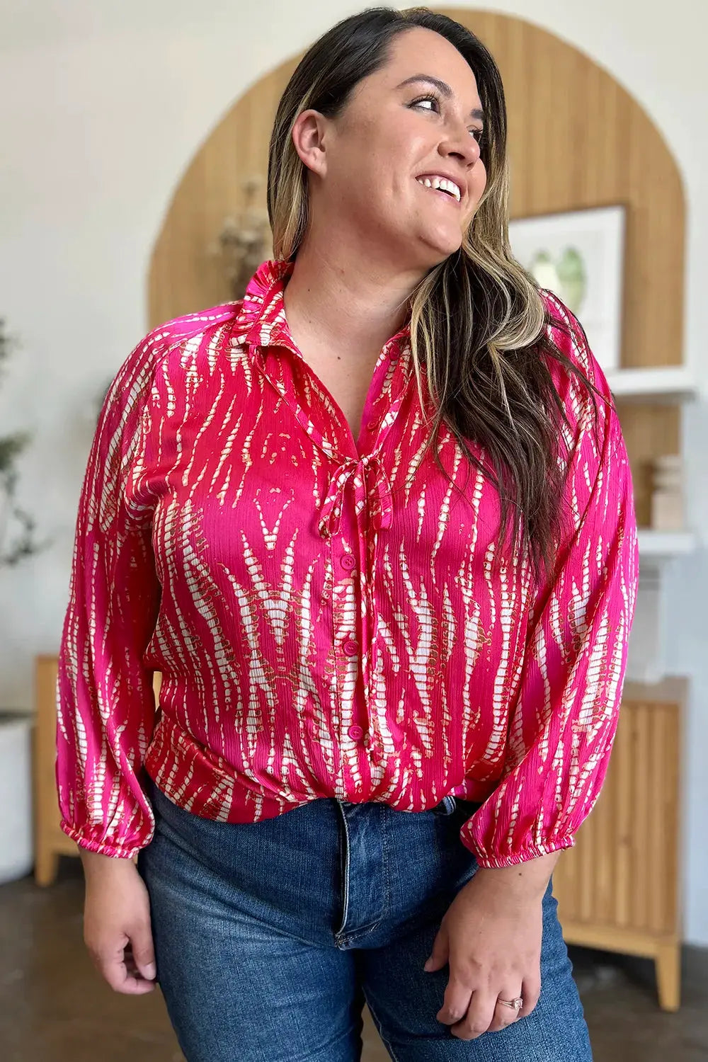 Double Take Full Size Printed Button Up Long Sleeve Shirt by Double Take