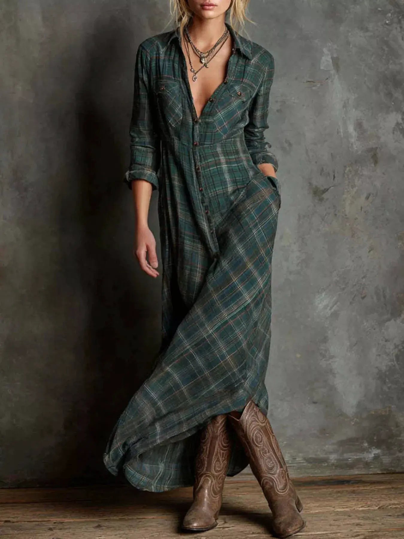 Plaid Button Front Maxi Shirt Dress by Partner Label
