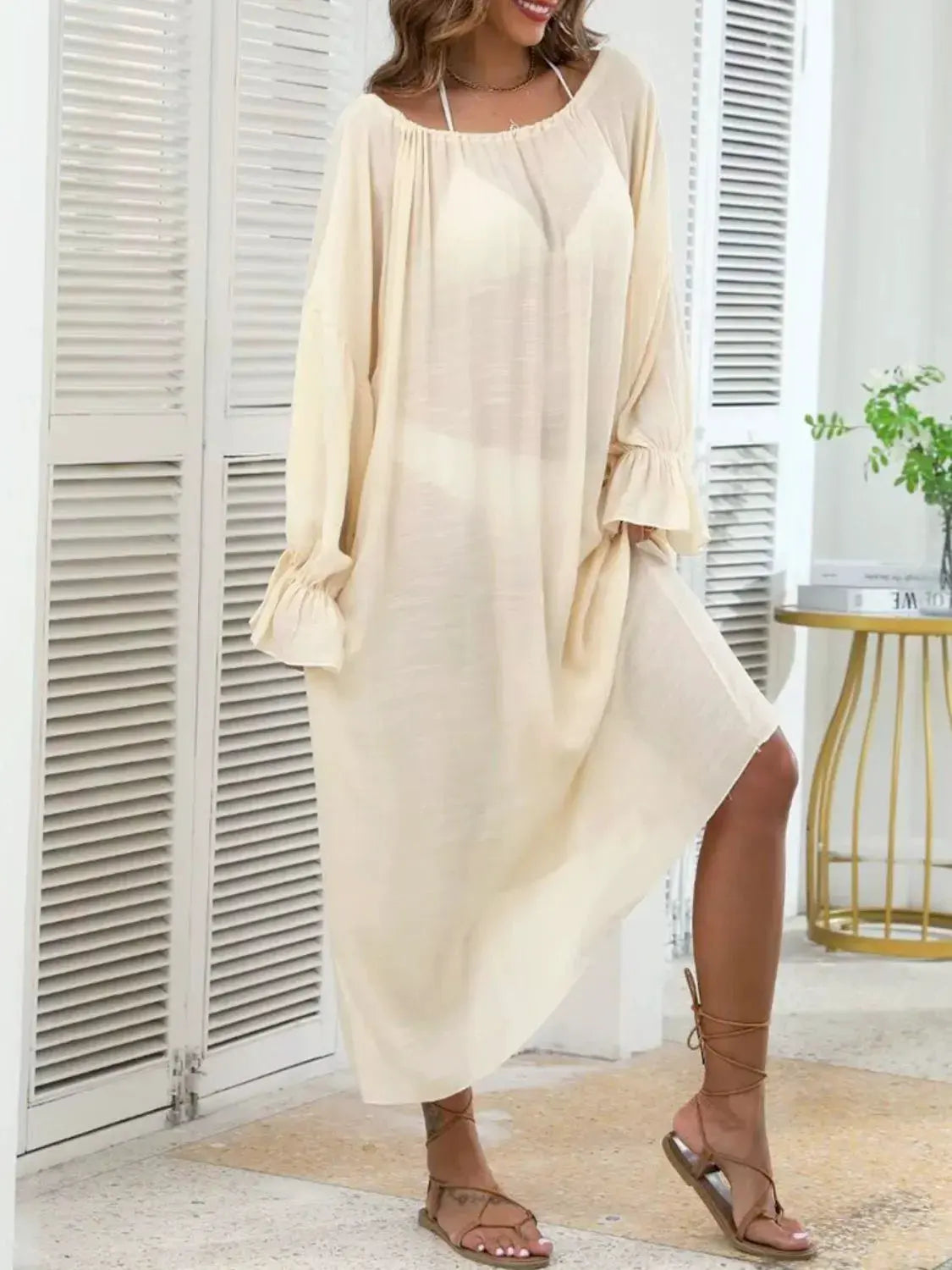 Backless Drawstring Back Flounce Sleeve Cover-Up by Partner Labels