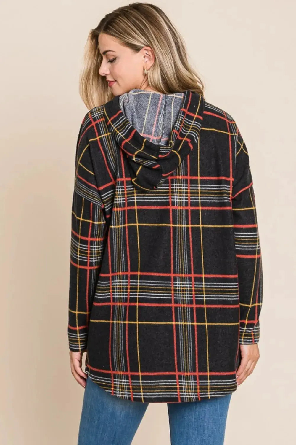 BOMBOM Drawstring Plaid Long Sleeve Hoodie by BOMBOM