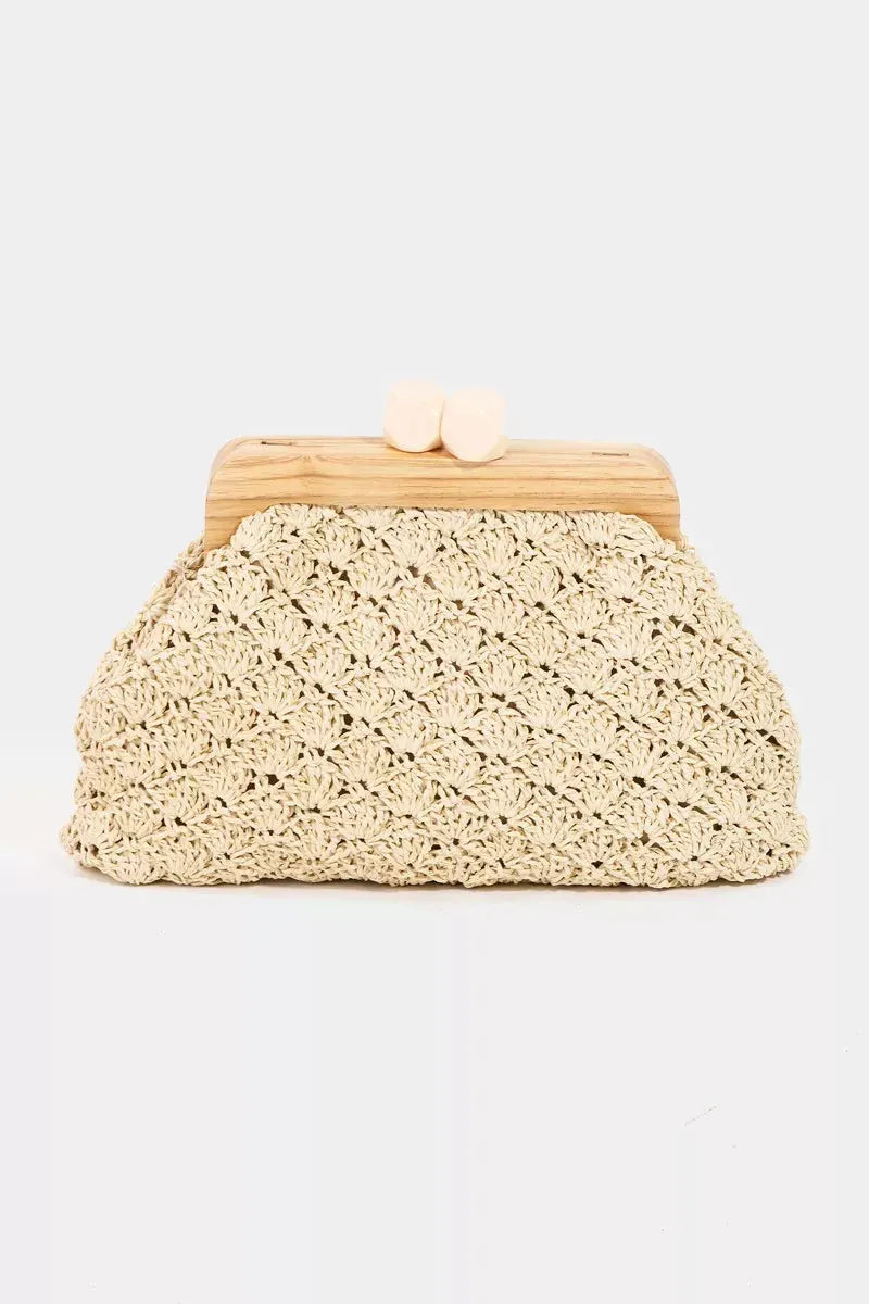 Fame Straw Braided Wooden Frame Cluch Bag by Partner Label