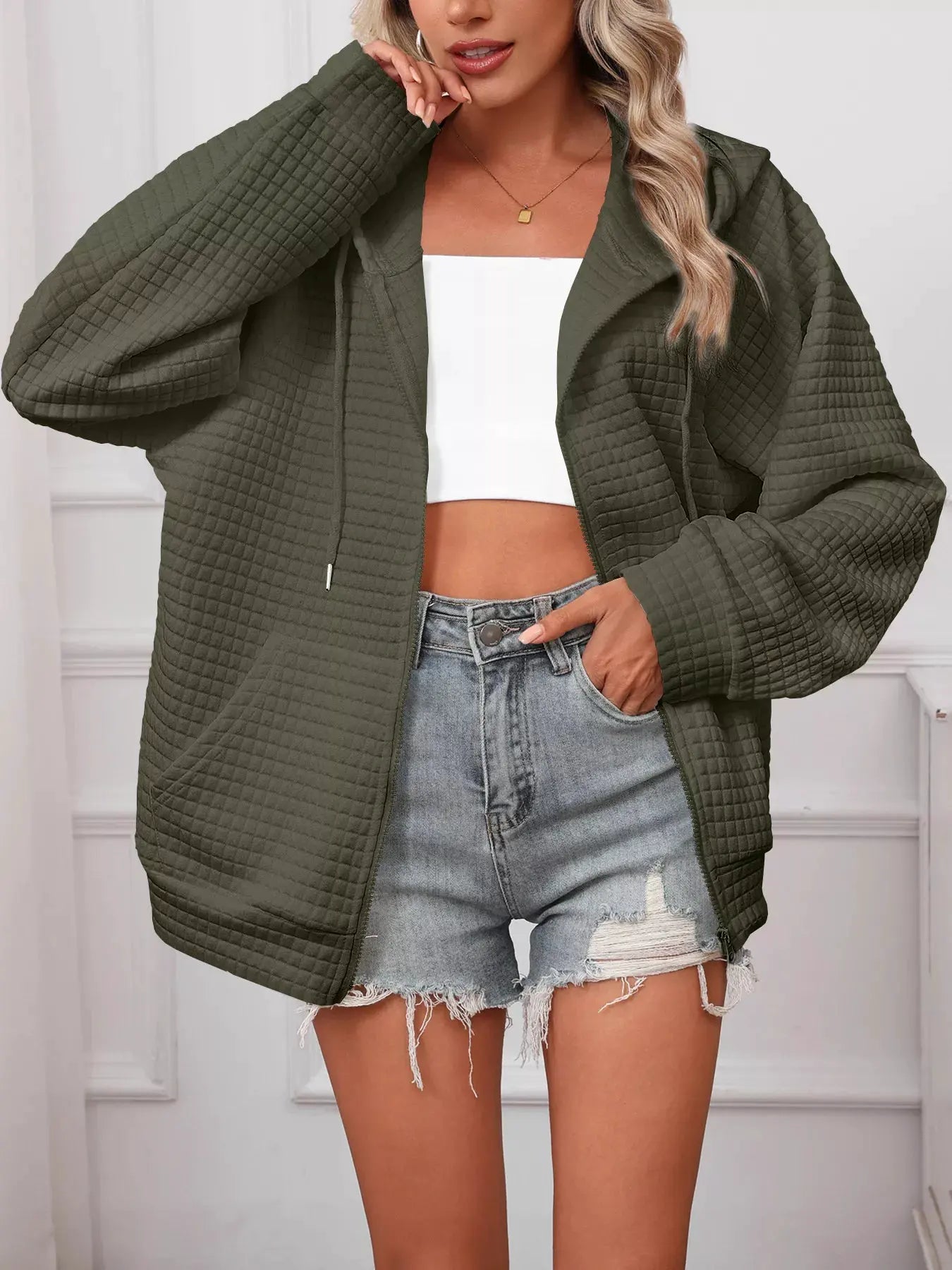 Full Size Textured Quilted Zip-Up Hooded Jacket Plus Size by Partner Label