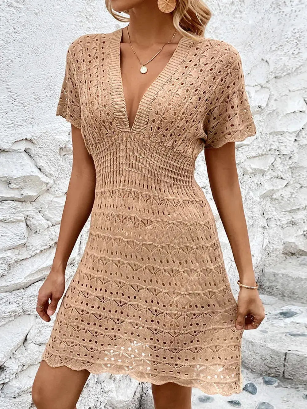Openwork Plunge Short Sleeve Cover-Up Dress by Partner Label