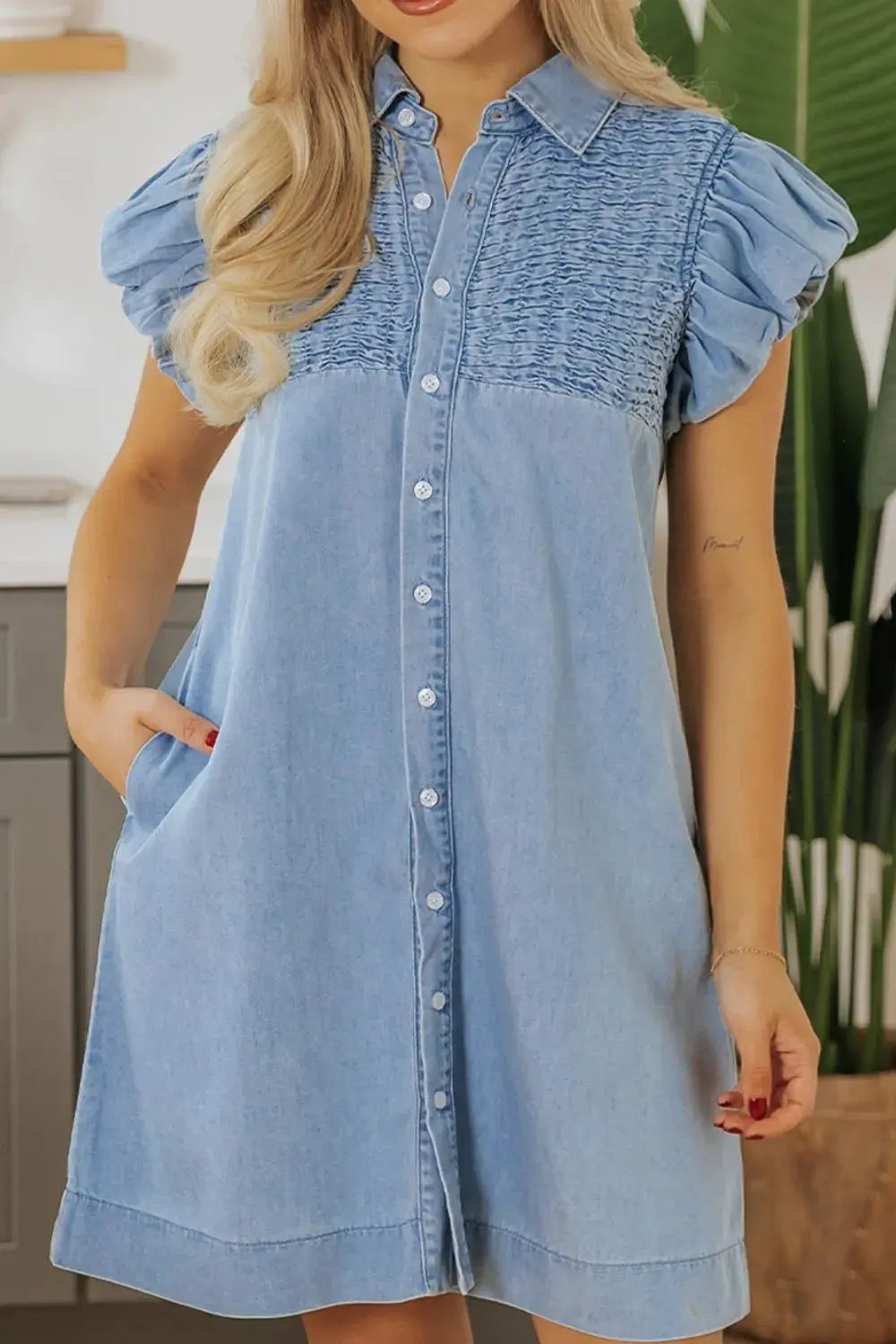 Smocked Collared Neck Cap Sleeve Denim Dress by Partner Label