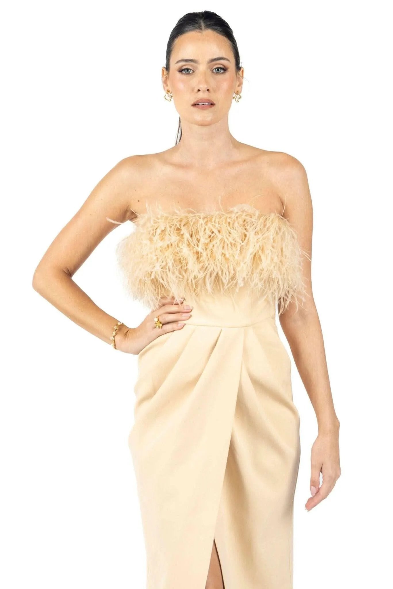 Diane Midi Feather Dress Beige by Akalia