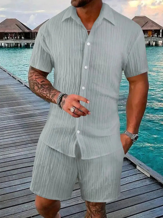 Men's Full Size Button Down Short Sleeve Shirt and Shorts Set Plus Size by Trendsi