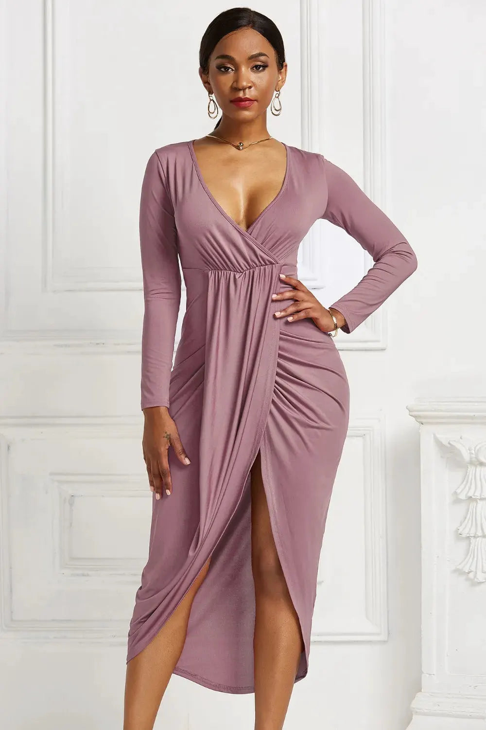 High-low Ruched Surplice Long Sleeve Dress by Partner Label