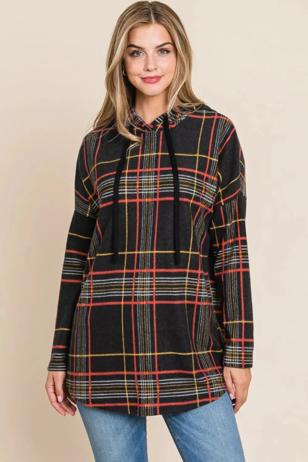 BOMBOM Drawstring Plaid Long Sleeve Hoodie by BOMBOM