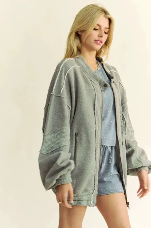 Davi & Dani Exposed Seam Zip Up Dropped Shoulder Jacket by Davi & Dani